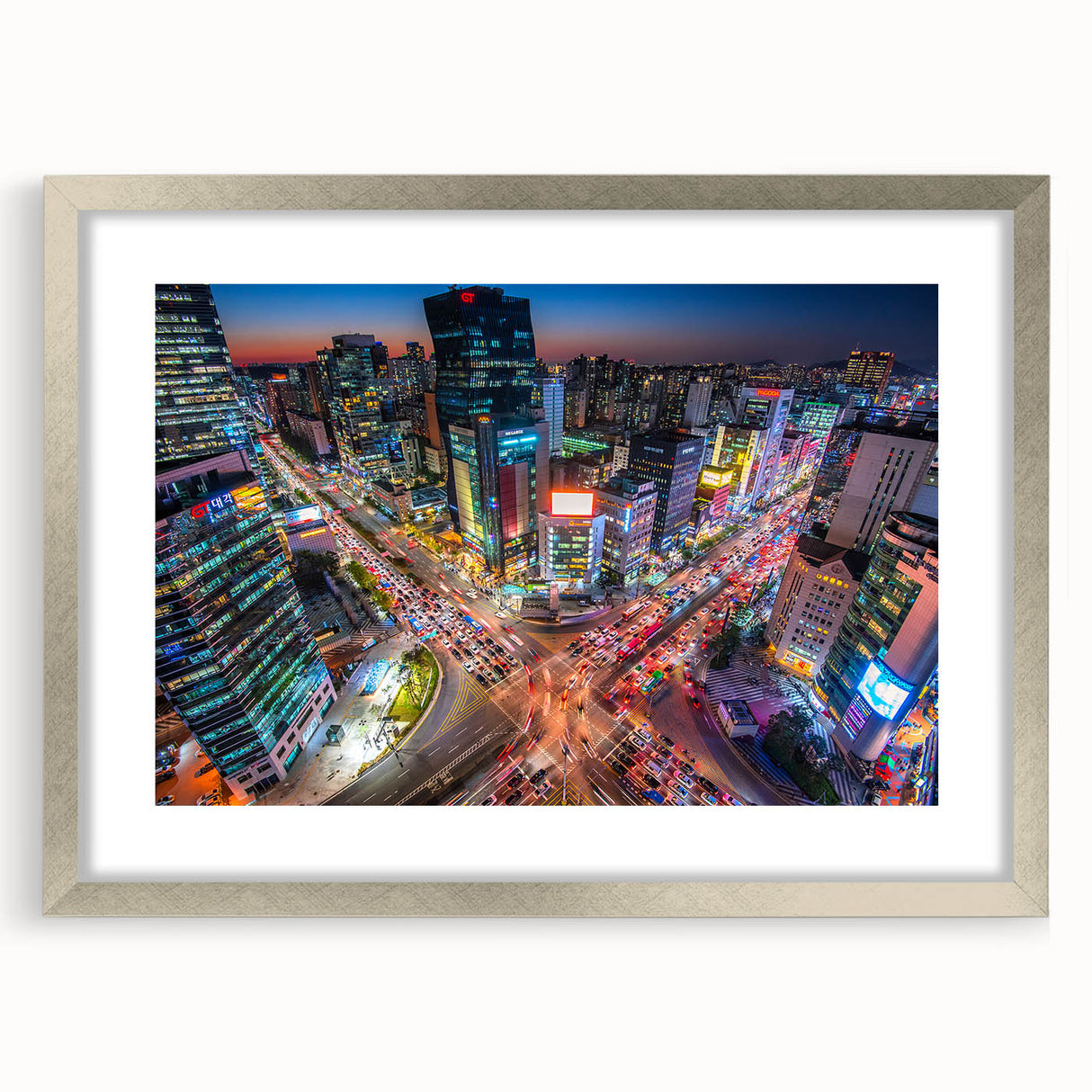 Textured art depicting abstract Seoul skyline in muted gray and blue tones on a framed silver mat.