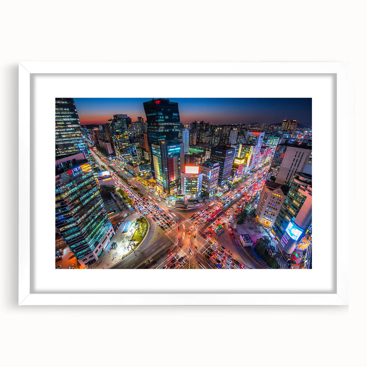 Abstract art print of Seoul skyline with muted blue and gray tones on a framed white mat.