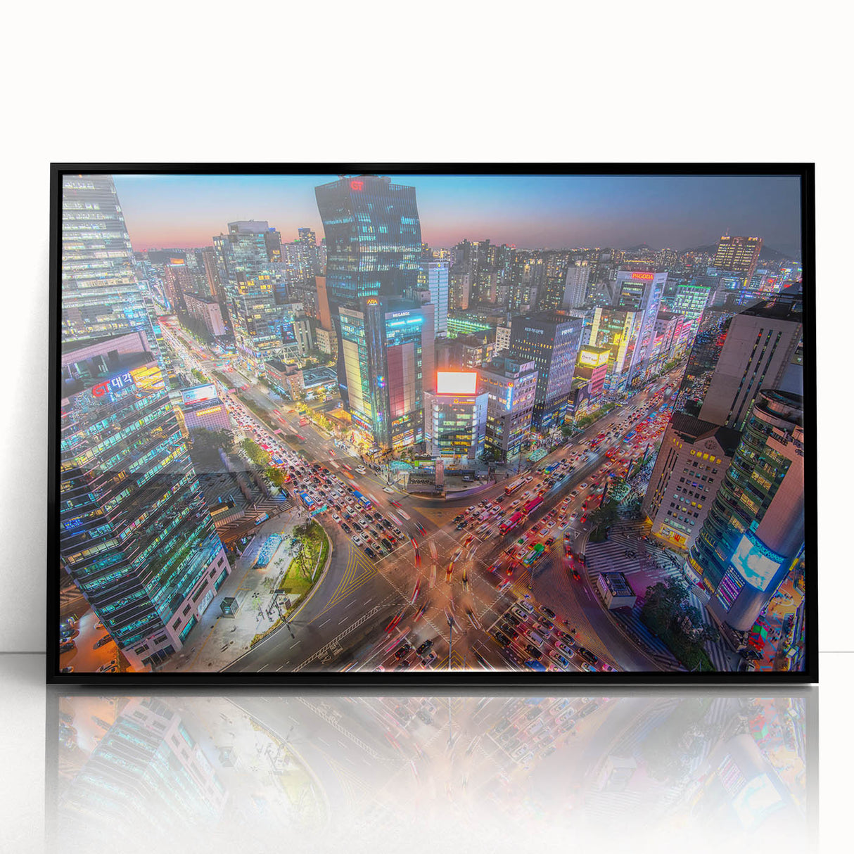 Large abstract wall art of Seoul cityscape in muted gray and blue tones, acrylic print in a black frame.