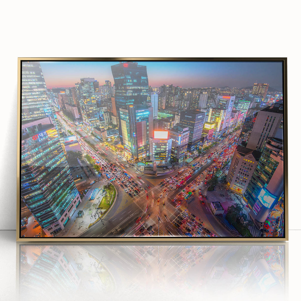 Large art print of Seoul skyline in gold and black tones, acrylic framed, mid-century modernist style.