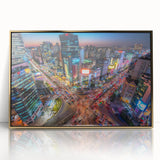 Large art print of Seoul skyline in gold and black tones, acrylic framed, mid-century modernist style.
