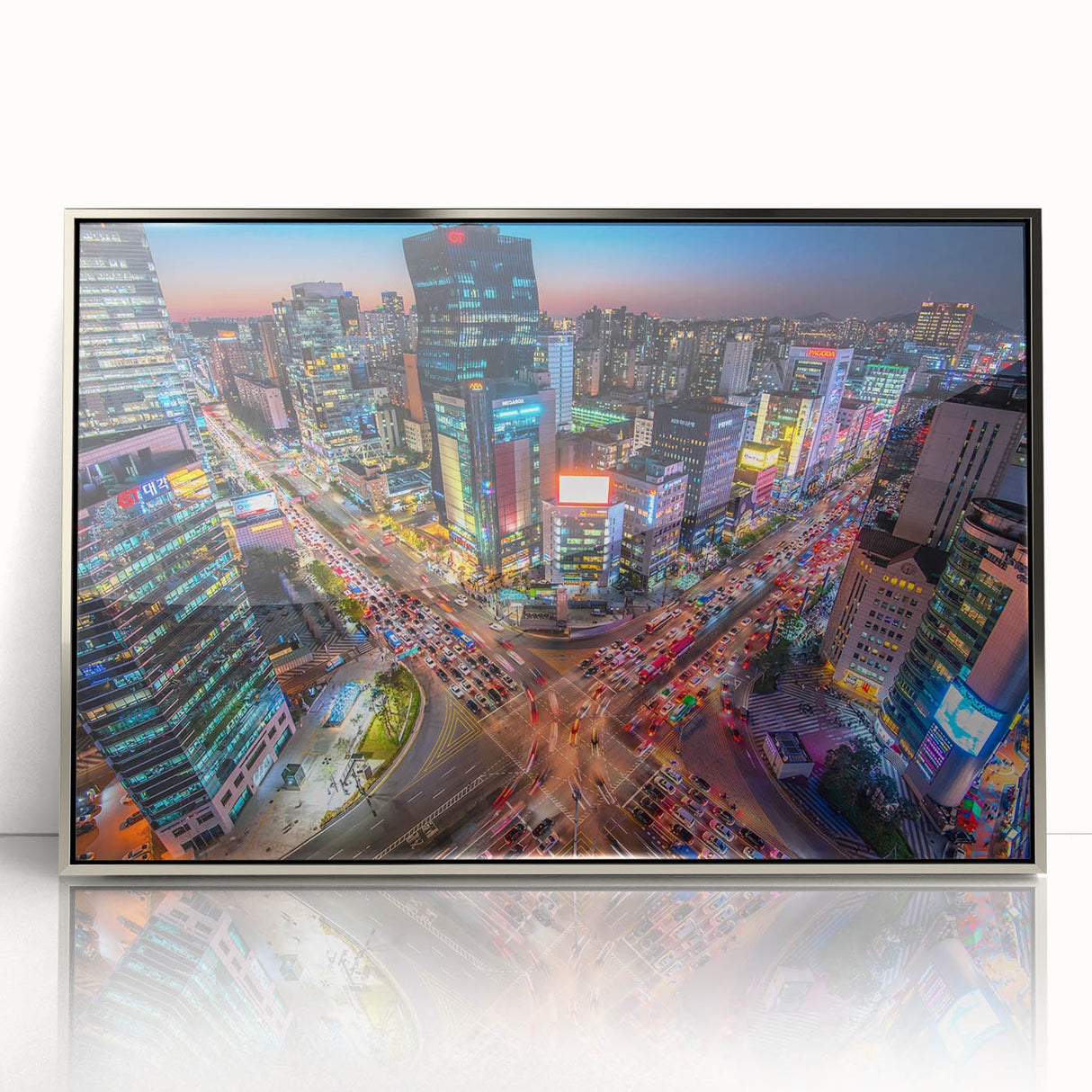 Mid-century modernist art depicting the Seoul skyline in muted silver and gray tones on a framed acrylic print.