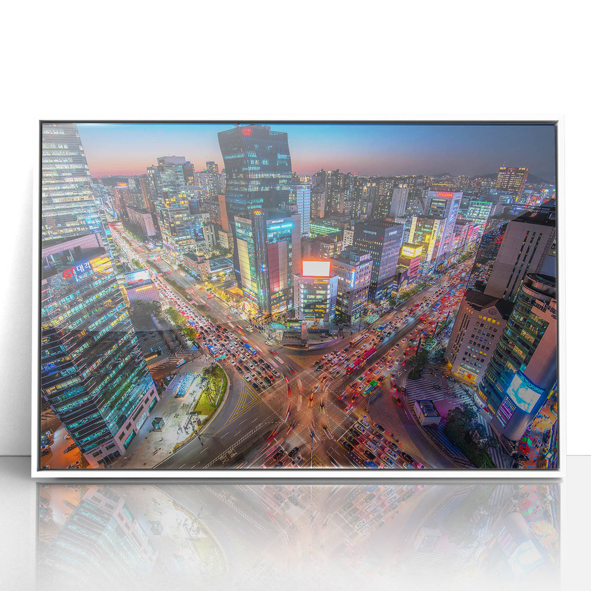 Acrylic print of Seoul skyline in muted gray and blue tones, framed in white, suitable for modern art wall decor.
