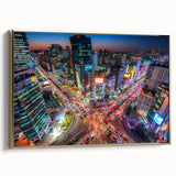 Framed canvas of vintage Seoul landscape in black and gold tones, ideal for bedroom wall art.