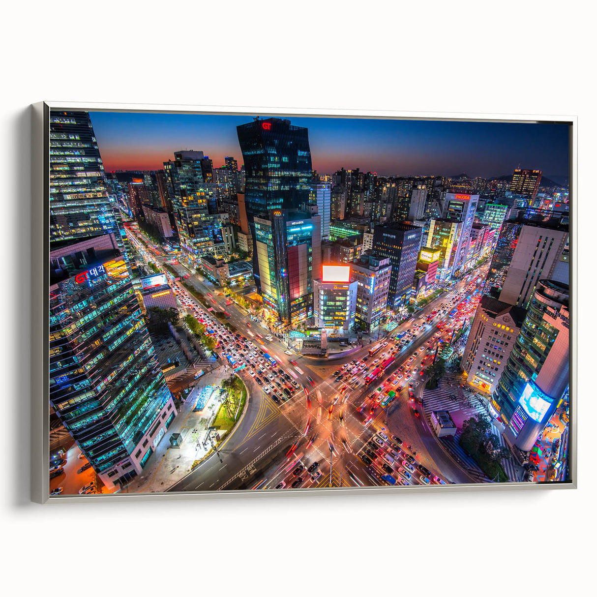 Framed canvas depicting a vintage Seoul landscape with colorful art on a black background, ideal for living room decor.