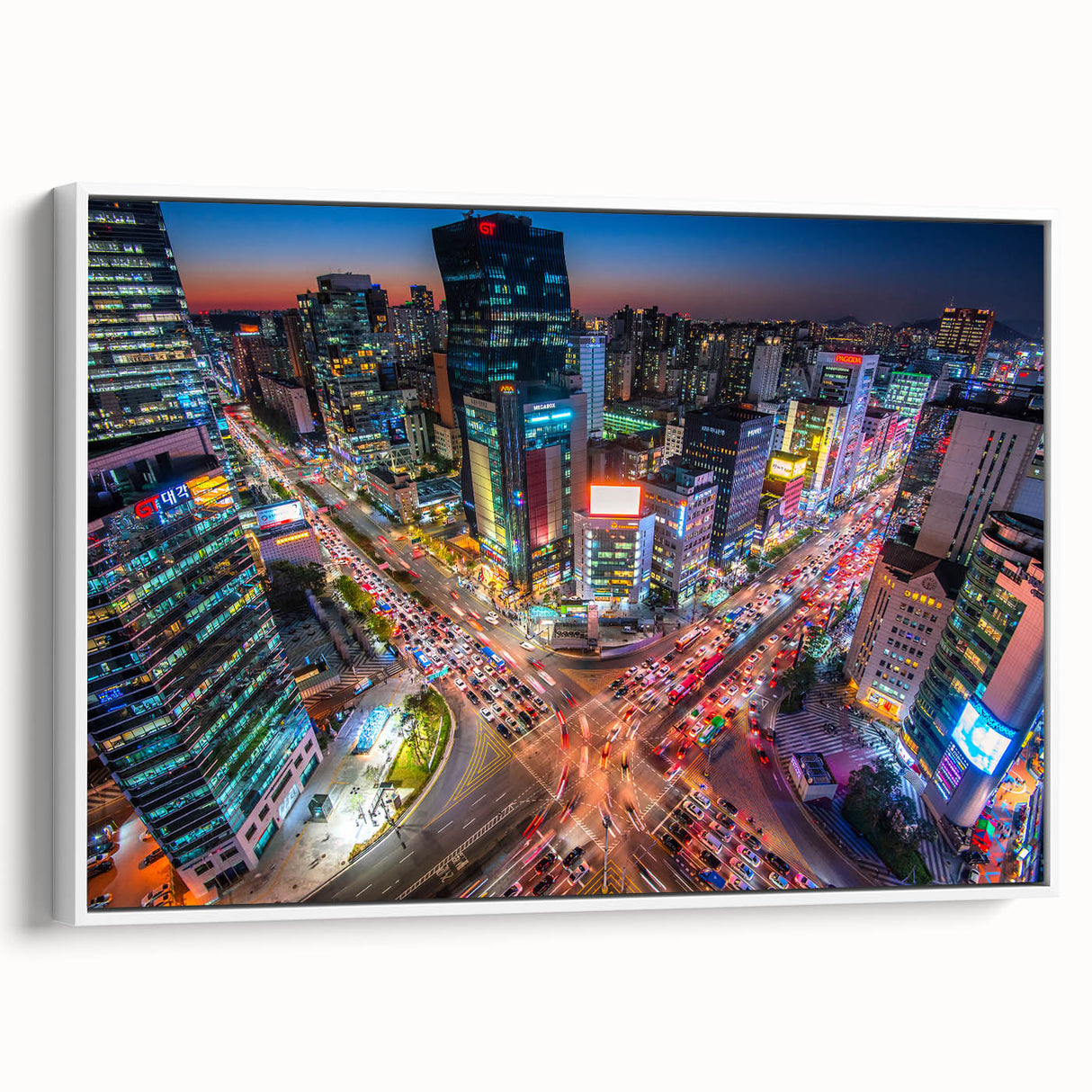 Vintage poster art of Seoul with colorful palette on extra large framed canvas, ideal for living room decor.