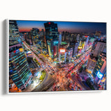 Vintage poster art of Seoul with colorful palette on extra large framed canvas, ideal for living room decor.