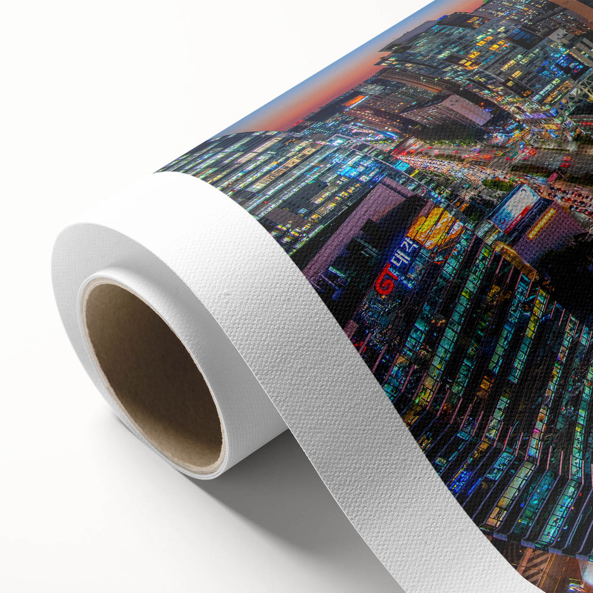 Art Deco style poster of Seoul skyline in pastel shades on rolled canvas, ideal for nursery wall art.