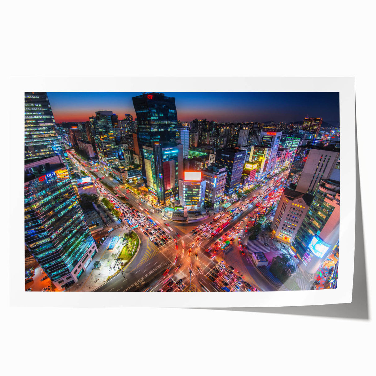 Extra large rolled print of Seoul scenery with vibrant green and pink floral elements, ideal for dining room wall art.
