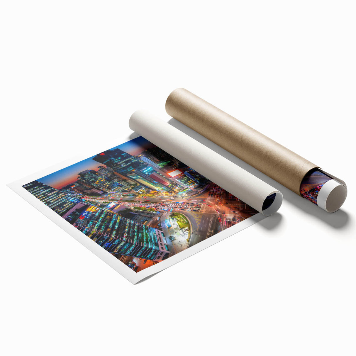 Extra large rolled print featuring a serene Seoul scenery with floral elements in soft hues.