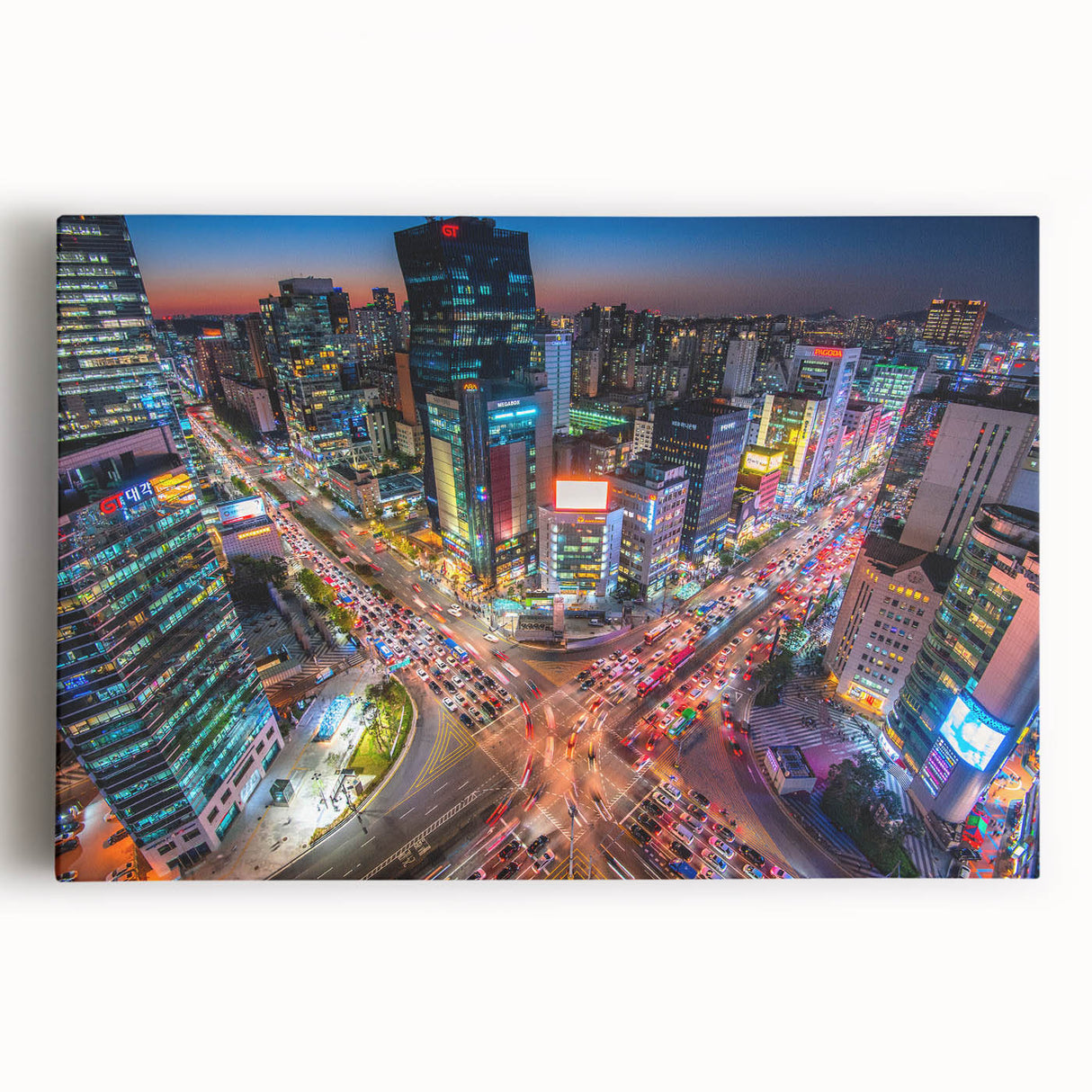 Black and white large canvas print of Seoul skyline, ideal for kitchen wall art.