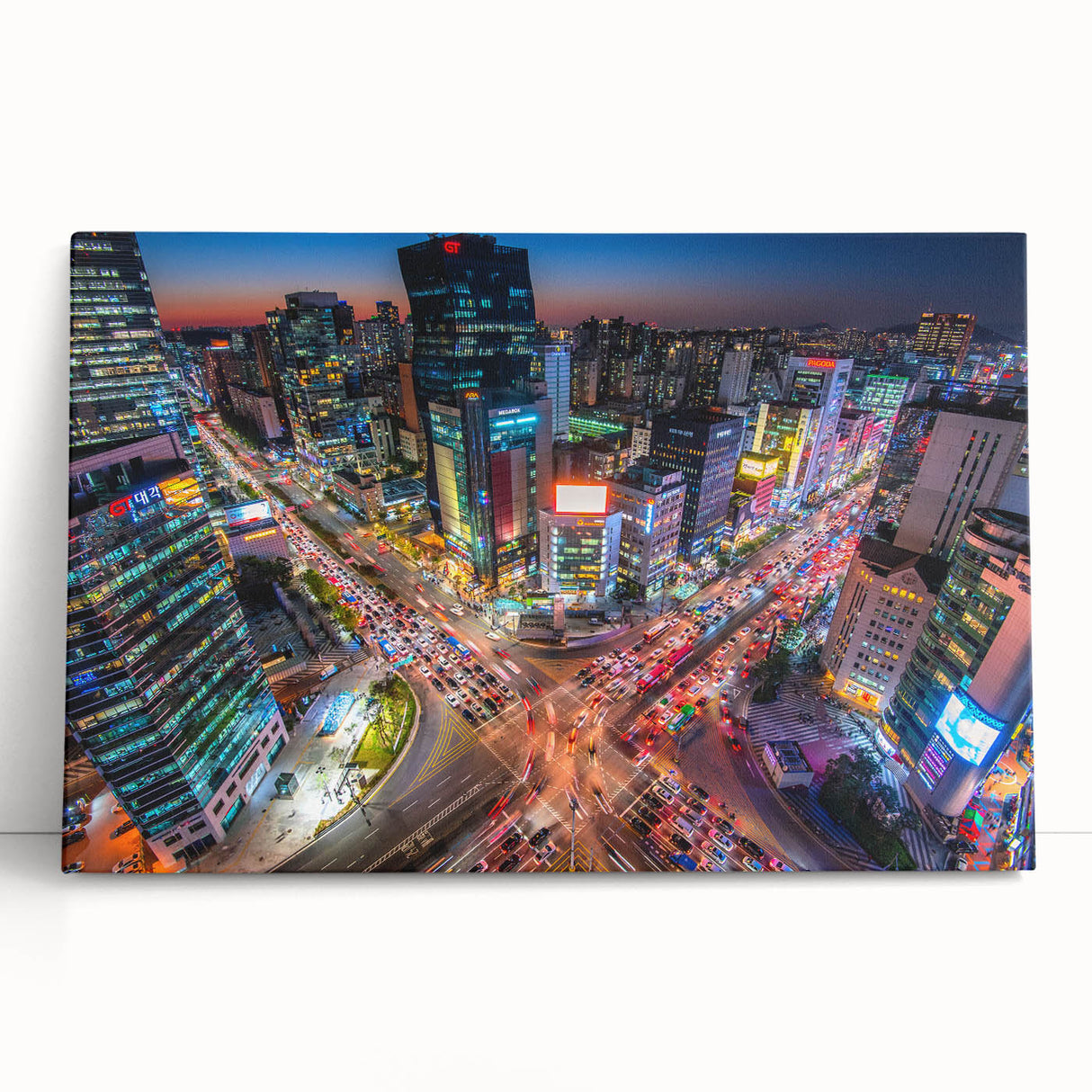 Black and white stretched canvas of Seoul skyline, ideal for kitchen wall art or bedroom decor.