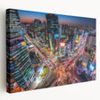 Panoramic view of Seoul skyline in muted gray and blue tones on a large stretched canvas, suitable for kitchen wall art.