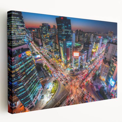 Panoramic view of Seoul skyline in muted gray and blue tones on a large stretched canvas, suitable for kitchen wall art.