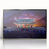 Mid-century modernist art depicting a serene Asian landscape in muted green and blue tones, framed acrylic.