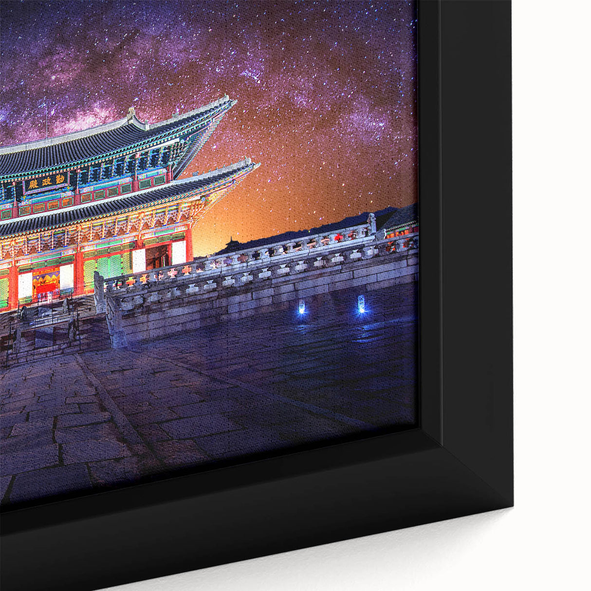 Framed canvas featuring a textured, colorful Korean landscape with prominent black elements, ideal for living room decor.