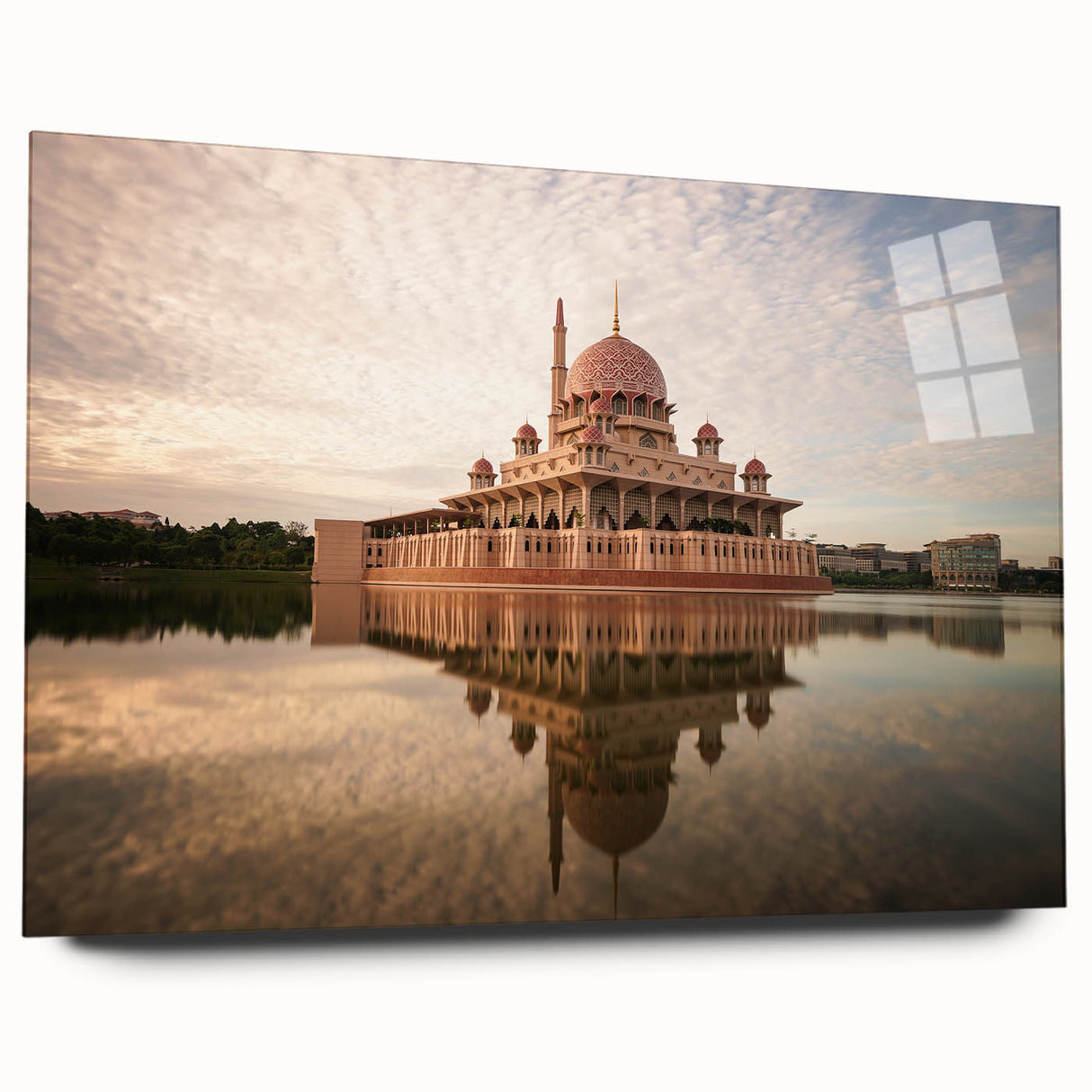 Large abstract wall art depicting a serene Malaysian landscape in muted earth tones on acrylic glass.