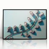 Large abstract wall art depicting the serene Maldives scenery in muted blue and green tones, framed in black acrylic.