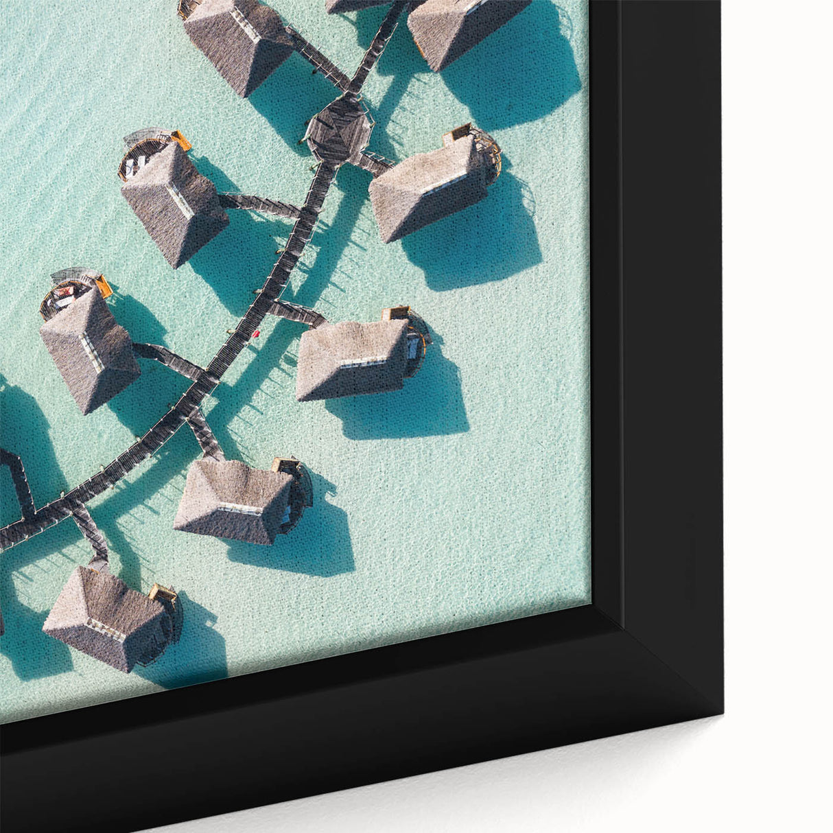 Extra large framed canvas of a Maldivian scenery in black with colorful, textured details, suitable for living room decor.
