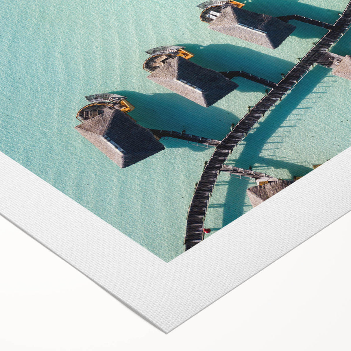 Art deco poster of a serene Maldivian landscape on rolled canvas, featuring soft blue and white tones.