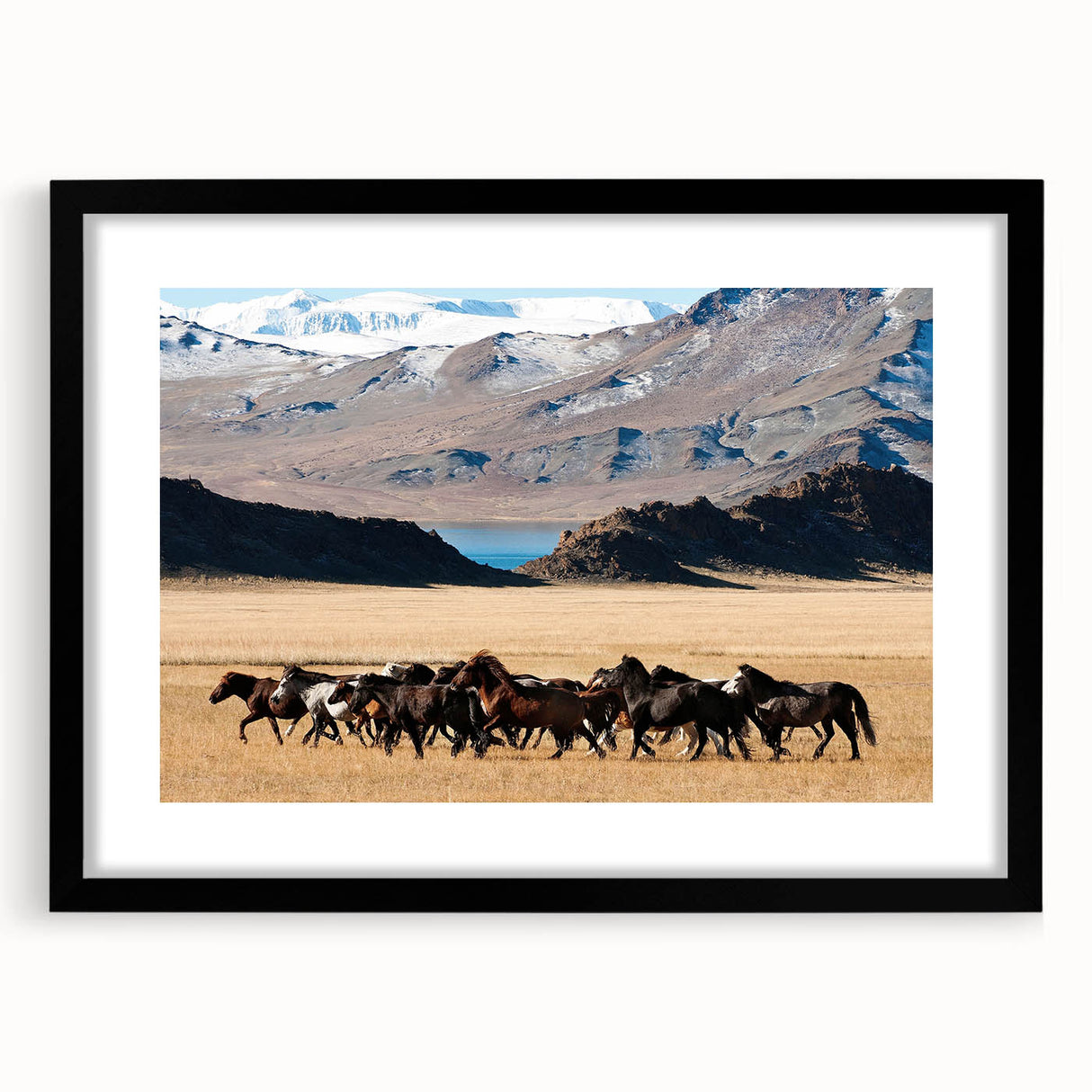 Extra large abstract art print depicting a colorful, textured Mongolian landscape on a framed black mat.