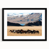 Extra large abstract art print depicting a colorful, textured Mongolian landscape on a framed black mat.