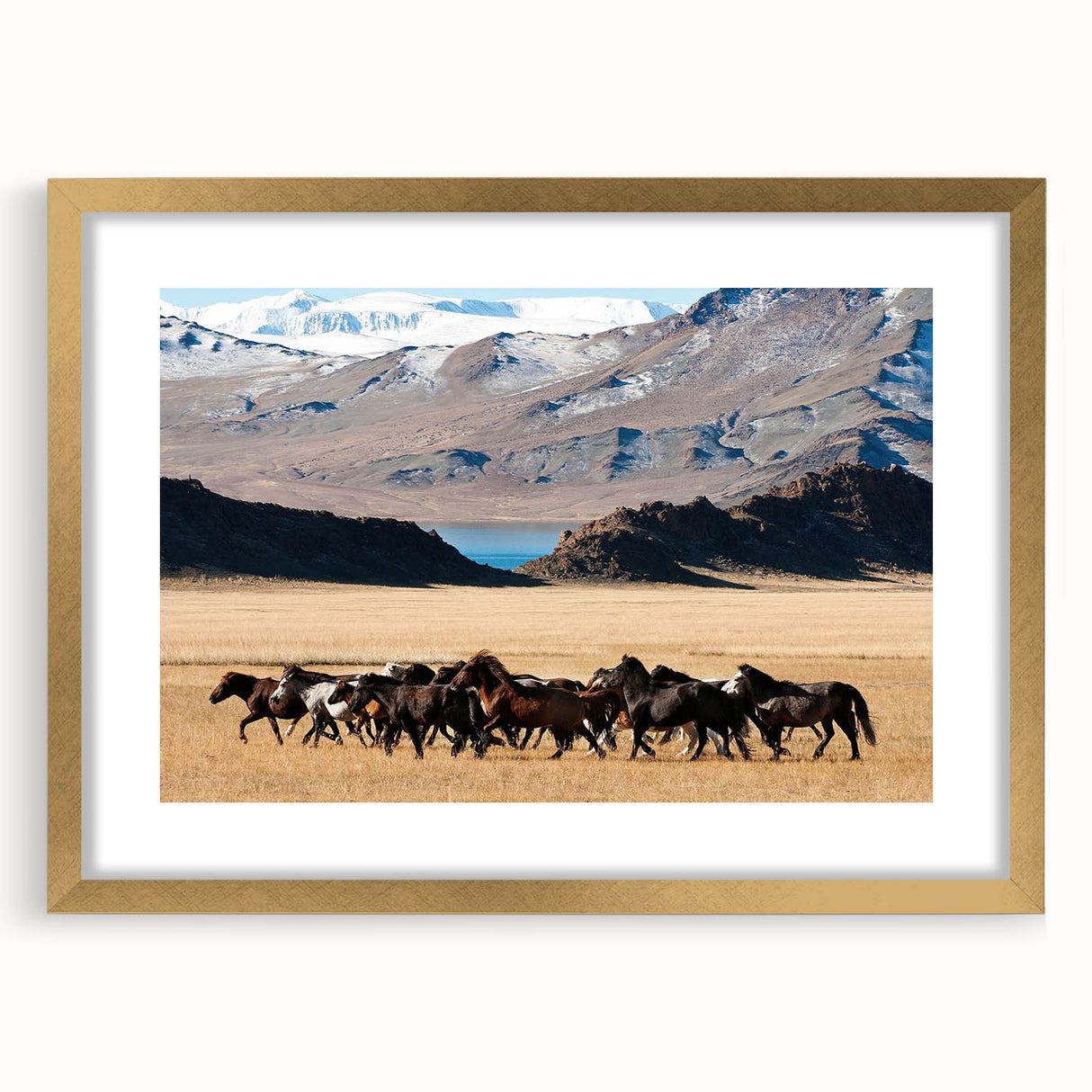 Extra large wall art featuring a textured abstract print of a Mongolian landscape in muted earth tones, framed in gold.