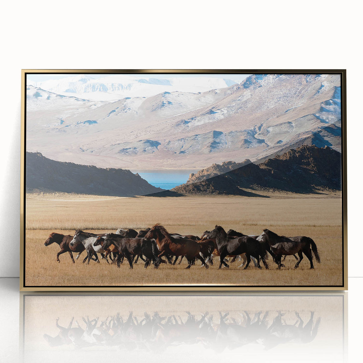 Framed acrylic print of a Mongolian landscape in muted earth tones, ideal for modern art wall decor.