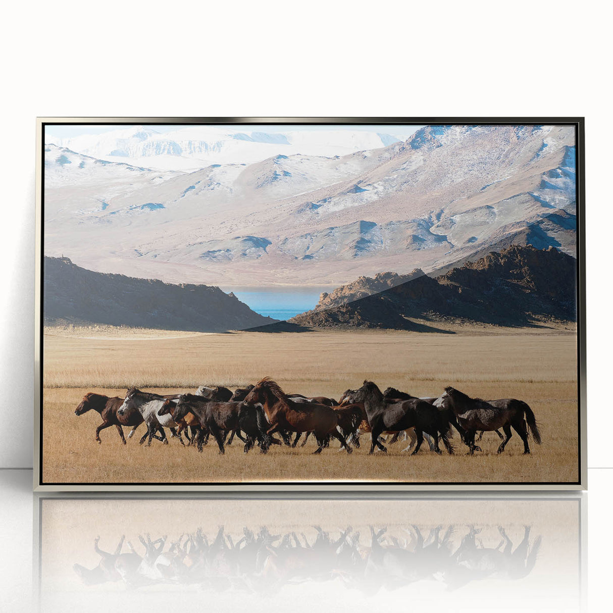 Mid-century modernist art depicting a serene Mongolian landscape in muted earth tones, framed in acrylic.