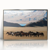 Mid-century modernist art depicting a serene Mongolian landscape in muted earth tones, framed in acrylic.