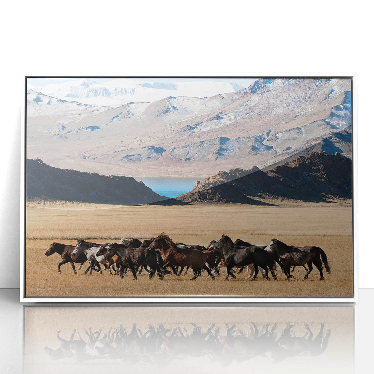 Art deco poster depicting a serene Mongolian landscape in muted earth tones, framed acrylic print.