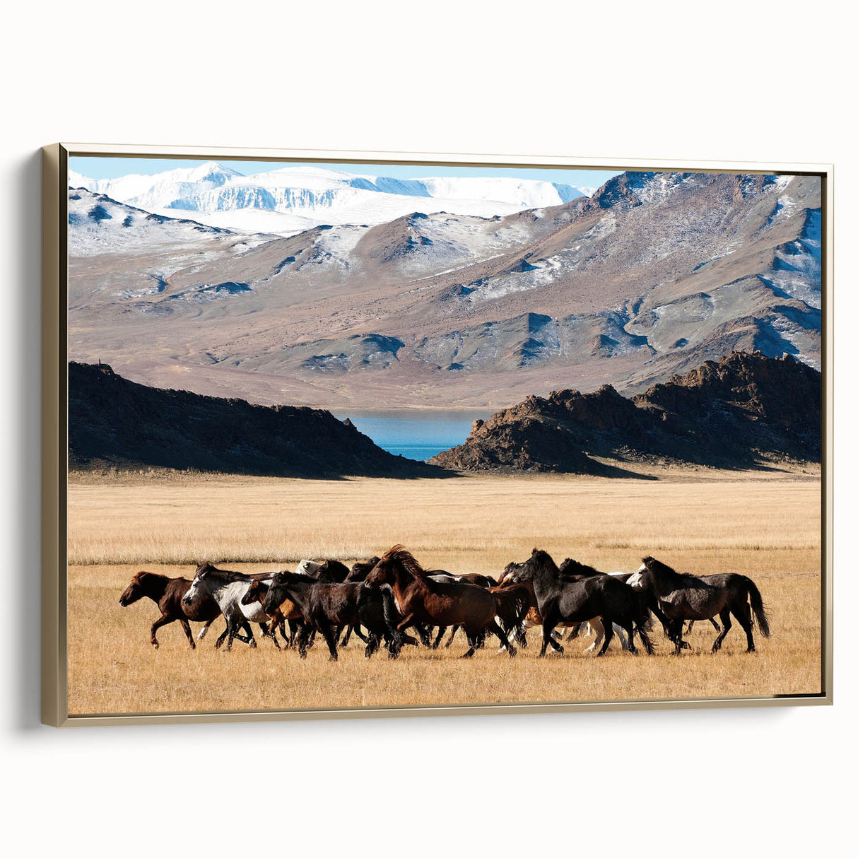 Framed canvas depicting a vintage-style Mongolian landscape in black and gold tones, ideal for bedroom wall art.
