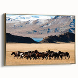 Framed canvas depicting a vintage-style Mongolian landscape in black and gold tones, ideal for bedroom wall art.