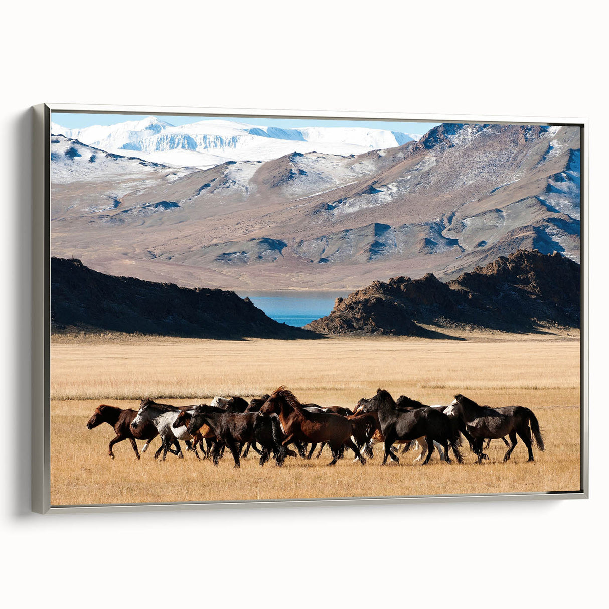 Landscape art painting of a Mongolian scenery on silver-framed canvas, featuring vibrant colors and vintage poster style.