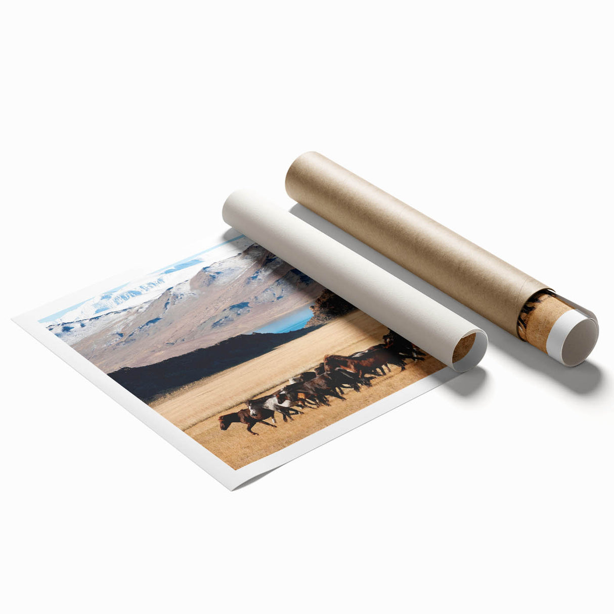 Large rolled canvas print depicting a serene Mongolian landscape with soft pastel shades, ideal for classy bathroom wall art.
