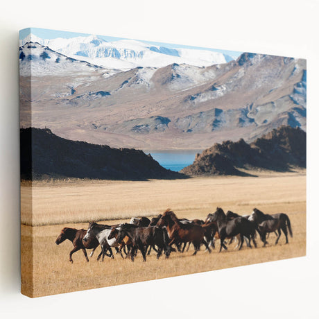 Large stretched canvas with a serene Mongolian landscape in muted earth tones, ideal for kitchen wall art.