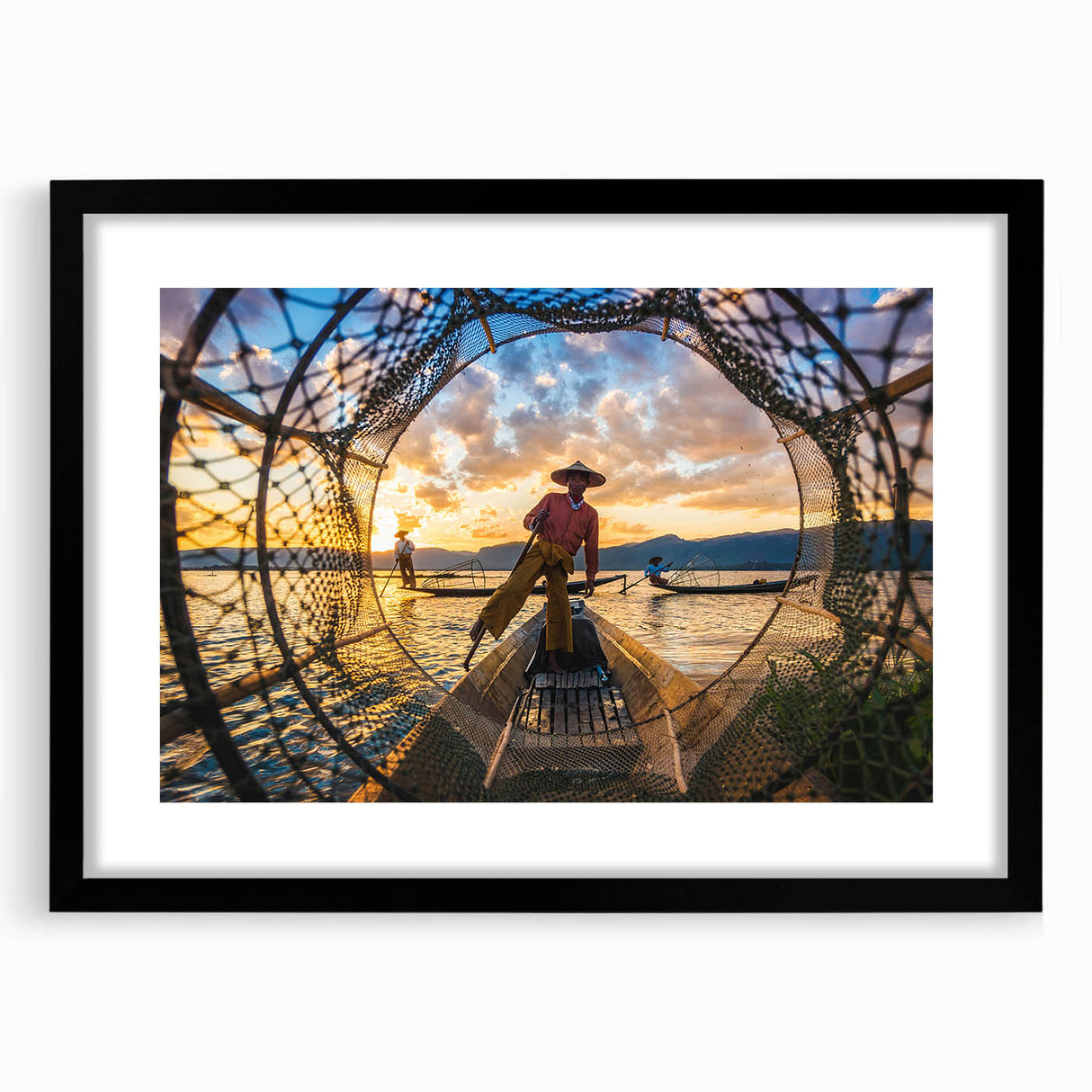 Colorful abstract art print of a Myanmar landscape in vibrant hues on a textured, extra large canvas, framed in black.