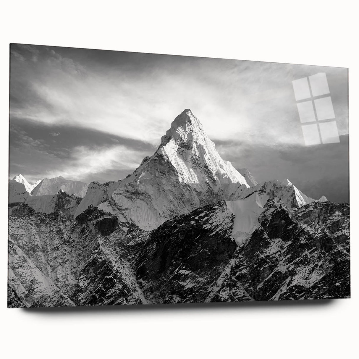 Large abstract depiction of Mount Everest in muted blue and gray tones on acrylic glass.