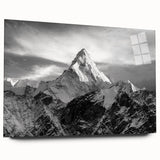 Large abstract depiction of Mount Everest in muted blue and gray tones on acrylic glass.