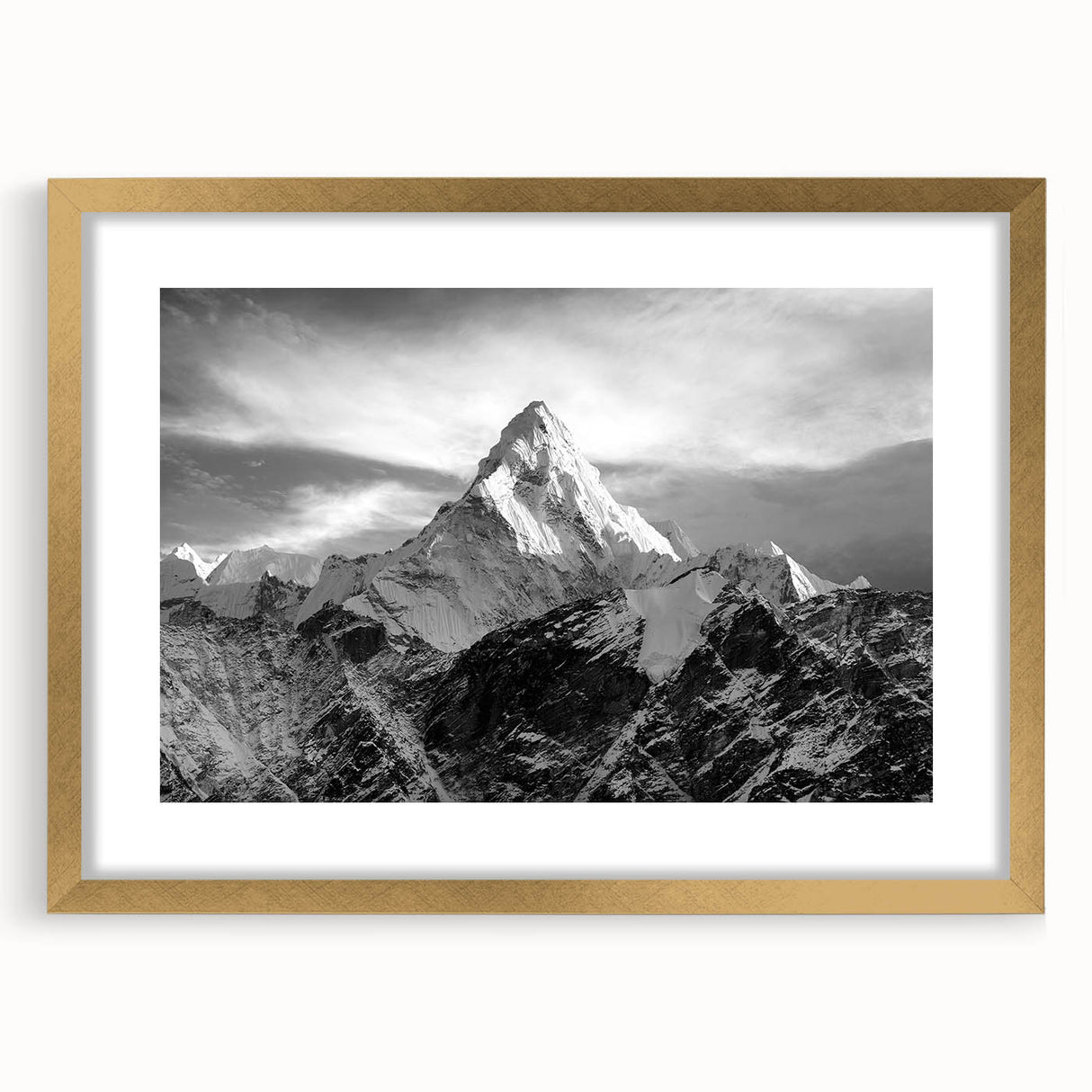 Extra large wall art featuring an abstract rendition of Mount Everest in textured blues and grays, framed in gold.