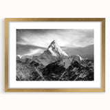 Extra large wall art featuring an abstract rendition of Mount Everest in textured blues and grays, framed in gold.
