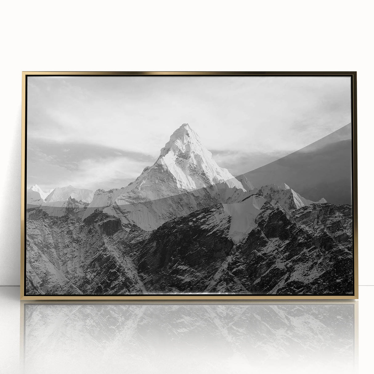 Large art print of Mount Everest in muted earth tones on framed acrylic, reflecting a mid-century modernist style.