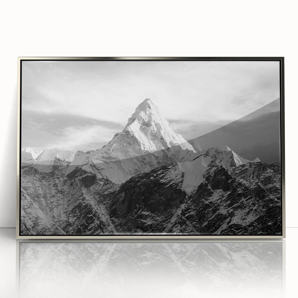 Mid-century modernist art depicting Mount Everest in muted earth tones on framed acrylic, ideal for nursery wall decor.