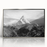 Mid-century modernist art depicting Mount Everest in muted earth tones on framed acrylic, ideal for nursery wall decor.