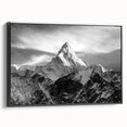 Black and white framed canvas featuring a vintage-style landscape painting of Mount Everest, ideal for bedroom wall decor.