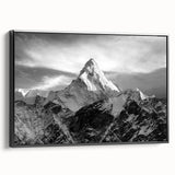 Black and white framed canvas featuring a vintage-style landscape painting of Mount Everest, ideal for bedroom wall decor.