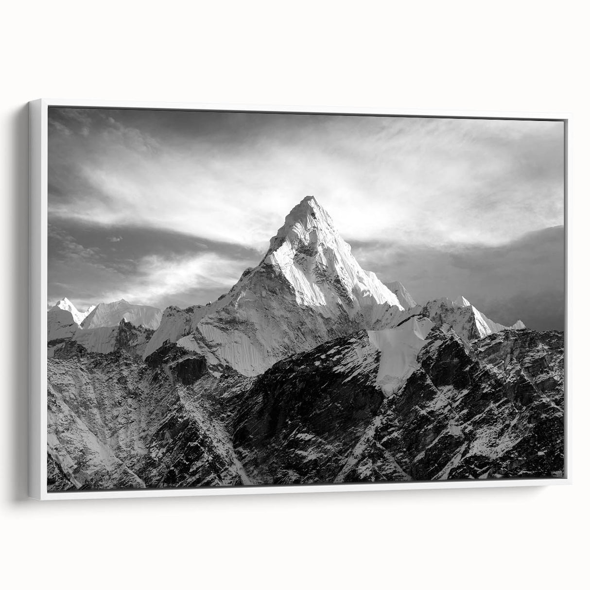Vintage poster art of Mount Everest in colorful hues on a large framed canvas, ideal for living room decor.
