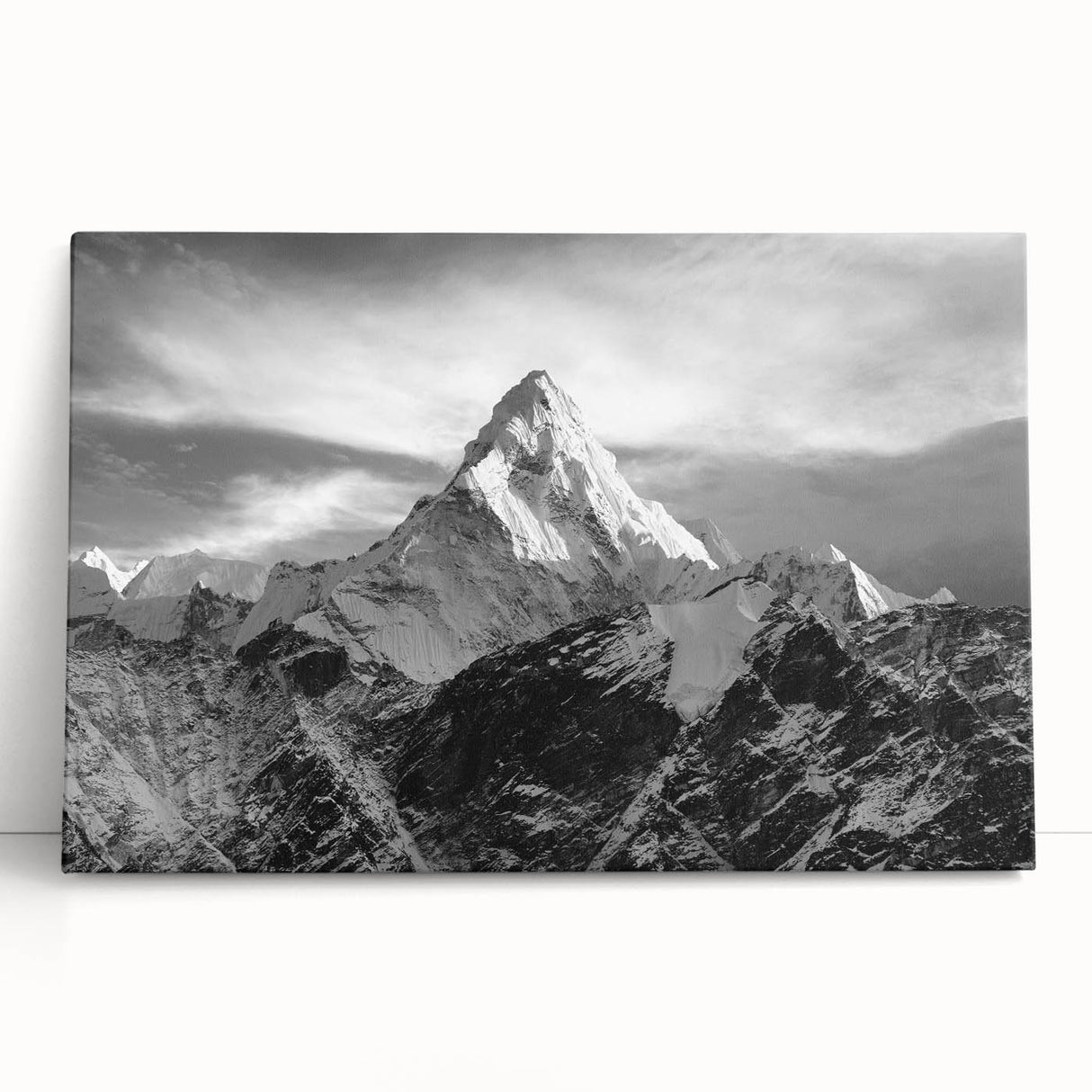 Black and white photograph of Mount Everest on stretched canvas, ideal for kitchen wall art or bedroom ambiance.