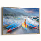 Framed canvas wall art depicting a serene Nepalese landscape in muted gold and black tones, suitable for bedroom decor.