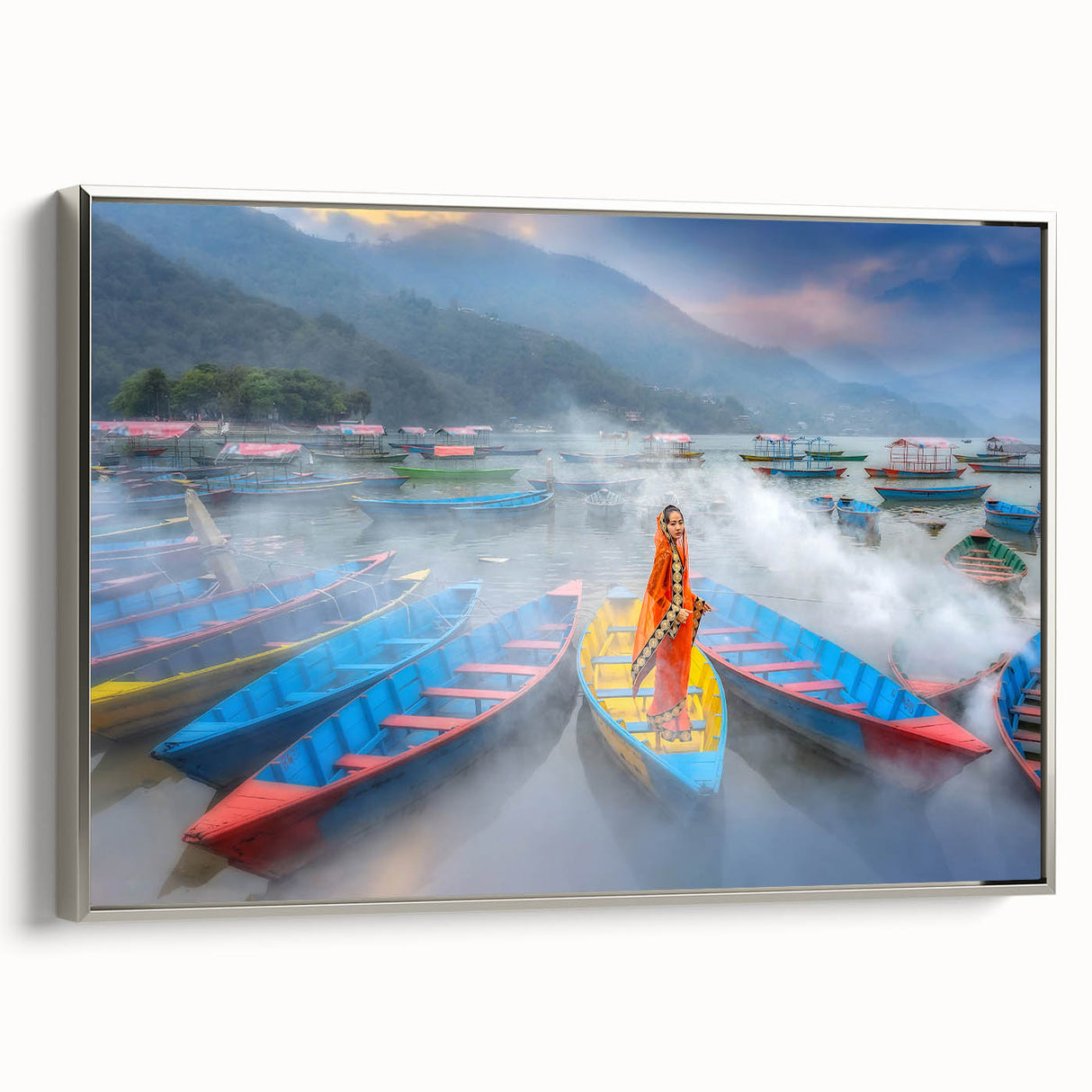 Landscape art painting of a Nepalese scenery on framed canvas, featuring vibrant colors with black accents.